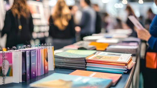 A vibrant display of colorful stationery and printed materials at a busy event, with people engaging in the background. photo