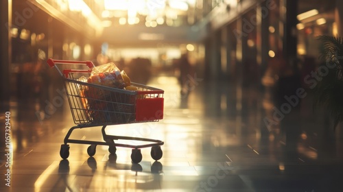 A sleek shopping cart filled with groceries under the warm,