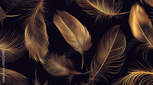 Seamless feather pattern featuring hand-drawn bird quills and golden plumage on a black textile background, showcasing elegant swan and goose wing elements for luxurious decoration photo