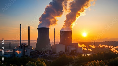 A power plant at sunset emits steam, silhouetted against a colorful sky, highlighting industrial activity and environmental concerns.