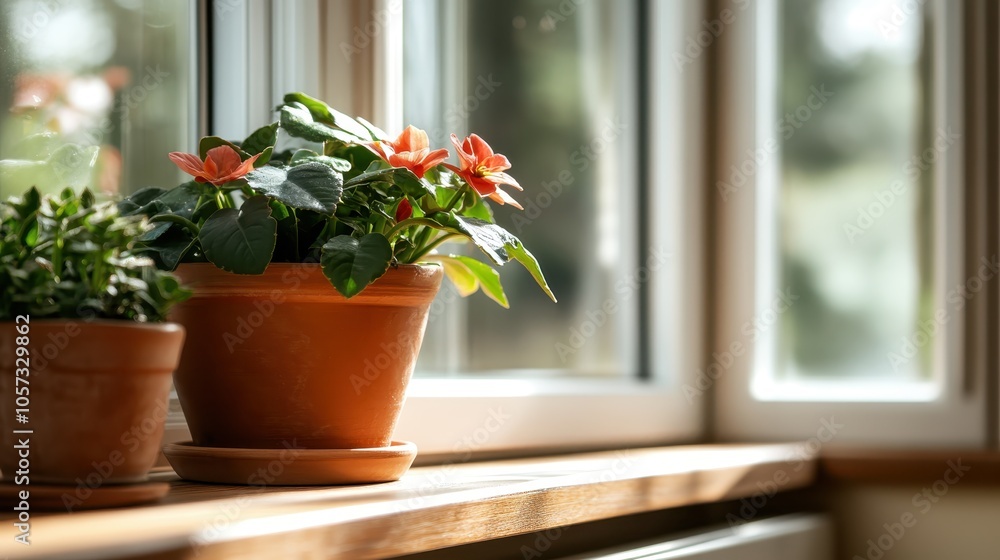 Two potted plants with vibrant flowers enjoy the gentle sunlight on a wooden windowsill, enhancing the room's atmosphere with natural beauty and freshness. Two potted plants with vibrant flowers enjoy the gentle sunlight on a wooden windowsill, enhancing the room's atmosphere with natural beauty and freshness.