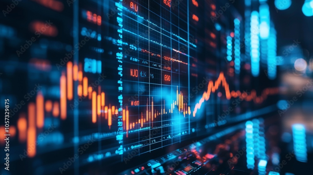 Financial graph with blue and red lines in dark setting Financial graph with blue and red lines in dark setting