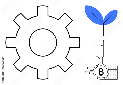 A large gear beside a sprouting plant and a digital Bitcoin illustrating the synergy of technology, growth, and digital finance. Ideal for business development, sustainability, cryptocurrency