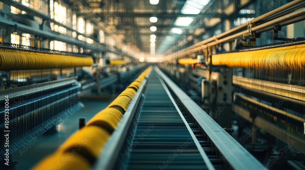 A spacious textile factory floor, with rows of machines weaving silk, A spacious textile factory floor, with rows of machines weaving silk,