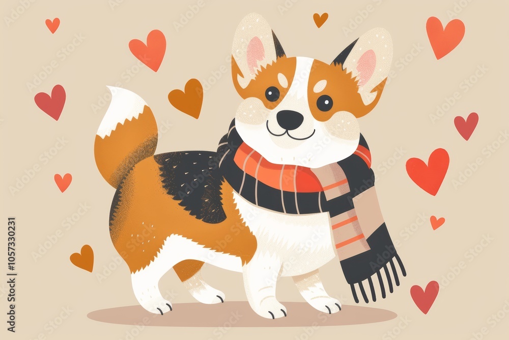 Cozy corgi in scarf surrounded by hearts Cozy corgi in scarf surrounded by hearts
