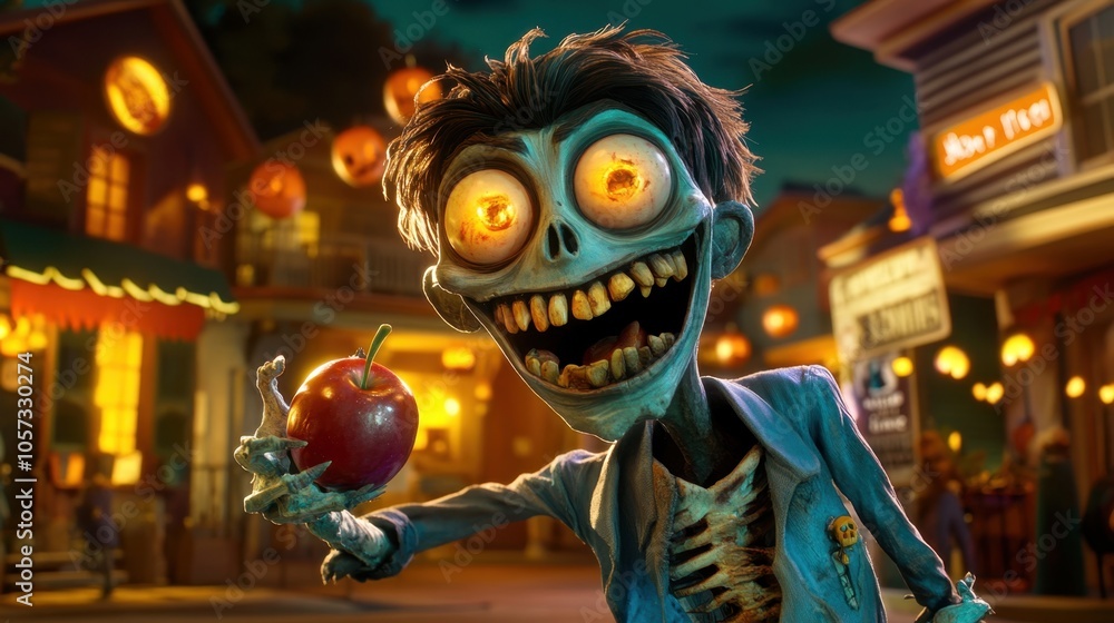 Adorable cartoon zombie with a big smile and tattered outfit holds a delicious candy apple, showcasing exaggerated features, in a colorful Halloween-themed setting. Adorable cartoon zombie with a big smile and tattered outfit holds a delicious candy apple, showcasing exaggerated features, in a colorful Halloween-themed setting.