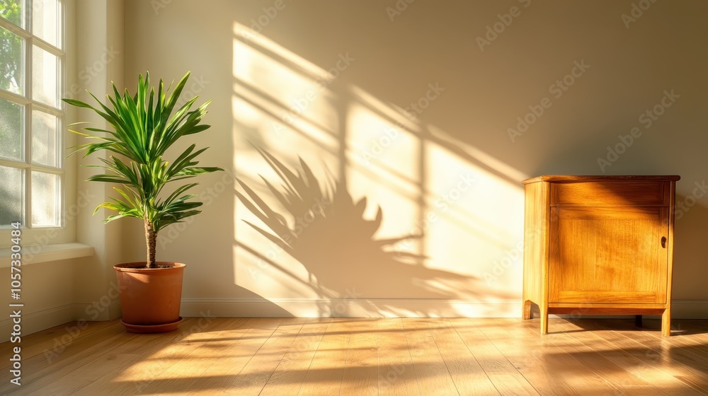 A sunlit room featuring a vibrant green plant in a terracotta pot and a mid-century wooden cabinet, casting dramatic shadows on the light hardwood floor.