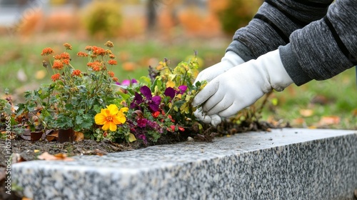 In a peaceful cemetery during autumn, a hand in white gloves gently plants vibrant flowers on a grave, embodying the spirit of gravesite care and preparation for All Saints Day with dedication respect