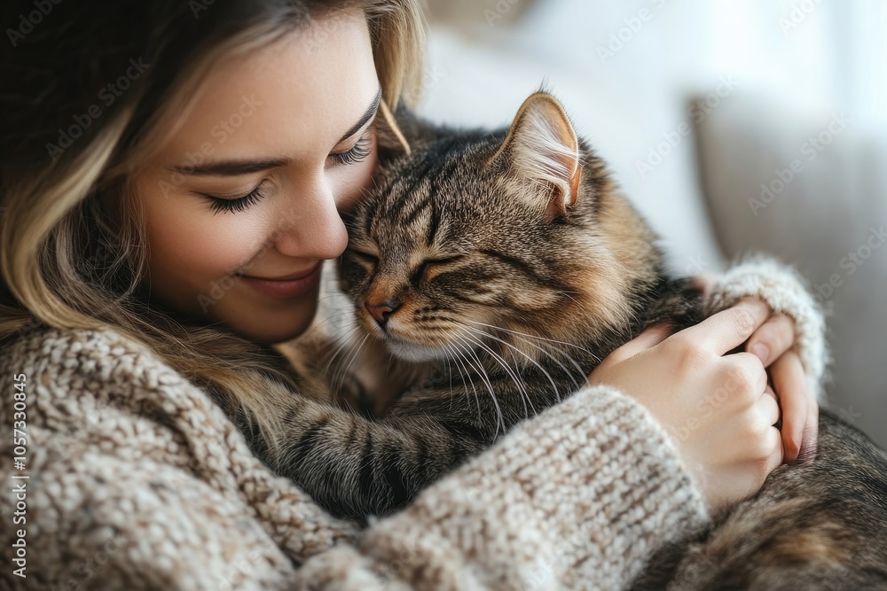 Diseases from pets concept. Woman is sneezing from fur allergy on the sofa and playing with her cat, Generative AI Diseases from pets concept. Woman is sneezing from fur allergy on the sofa and playing with her cat, Generative AI