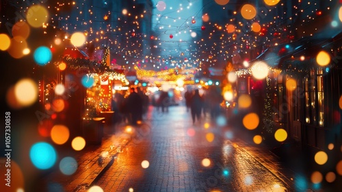 Christmas market with colorful lights and festive holiday stalls