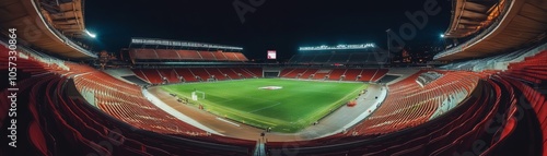 Stadium in the night with green field and floodlights
