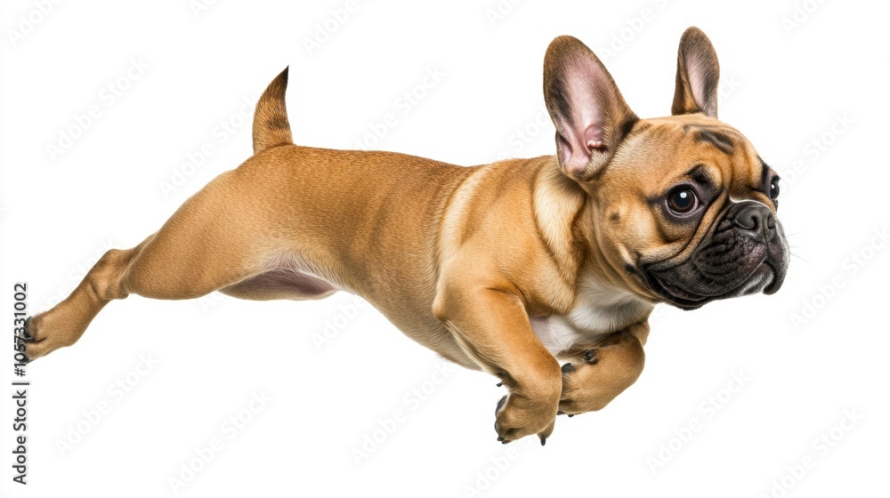 Fototapeta premium Adorable French Bulldog mid-jump, showcasing its playful spirit and joyful expression against a clean white backdrop, perfect for capturing the charm of this breed.