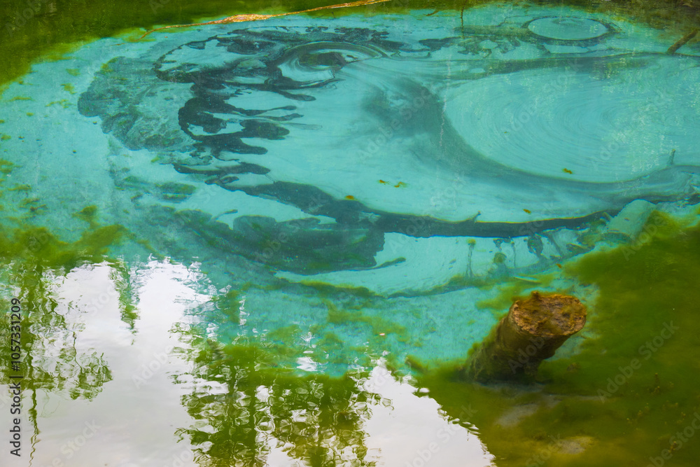 Turquoise water with a unique, ever-changing pattern at the bottom of Geyser Lake in the Altai Republic, Russia. The lake is also called Silver or Blue Lake