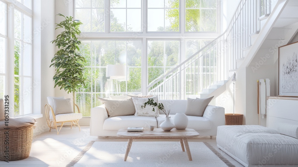 Fototapeta premium A stylish living room with a white staircase, comfortable seating