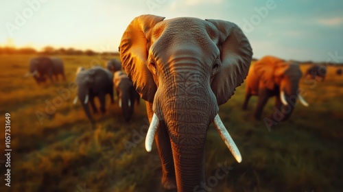 In the gentle glow of a sunset, a group of elephants basks on the expansive savanna, embodying peace, harmony, and nature’s breathtaking beauty and balance there. photo