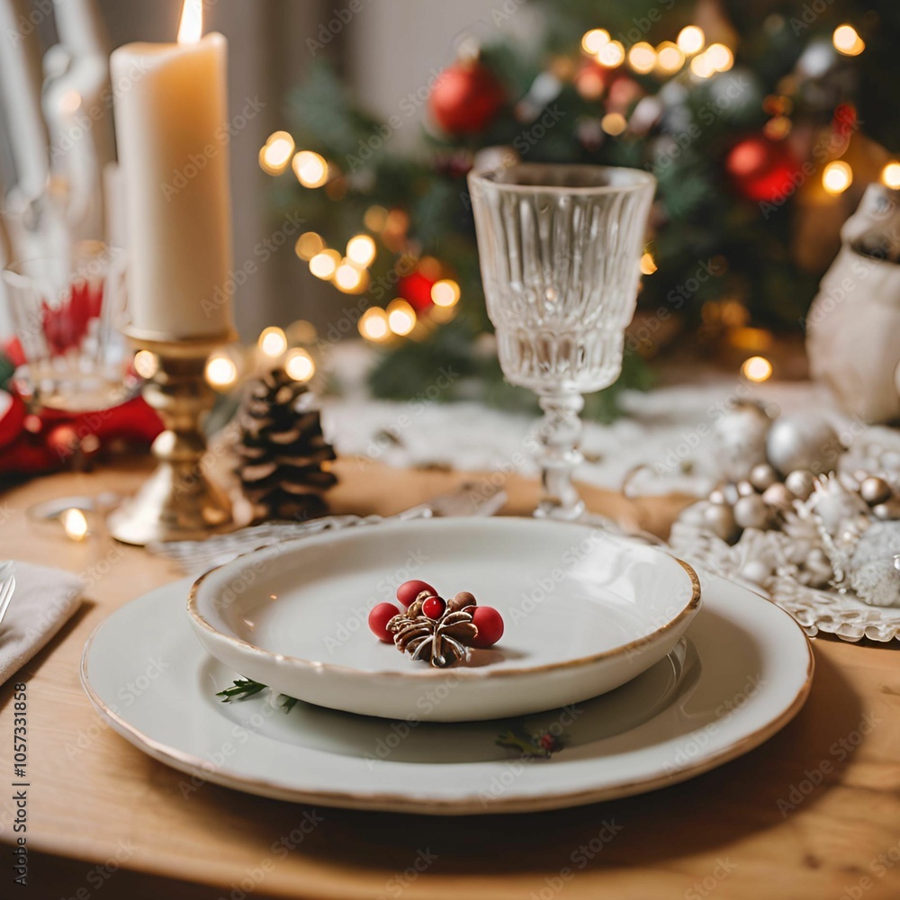 Christmas Holiday dinner table with plate and Xmas tree in the background Christmas Holiday dinner table with plate and Xmas tree in the background
