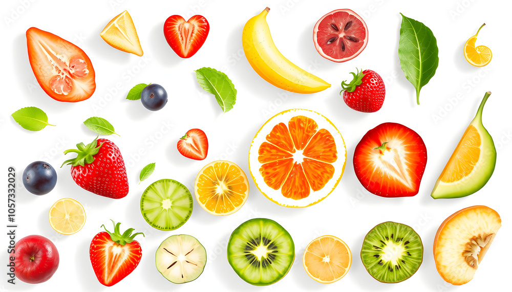 Collection of fresh fruit and vegetable slices isolated with white highlights, png Collection of fresh fruit and vegetable slices isolated with white highlights, png