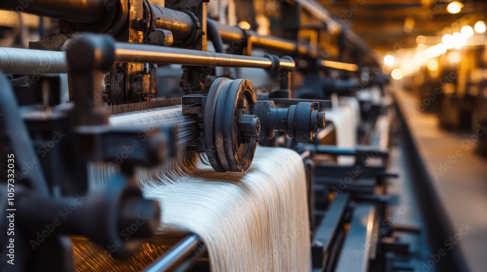 A textile factory where silk fabrics are being woven, with a focus on the advanced machinery A textile factory where silk fabrics are being woven, with a focus on the advanced machinery