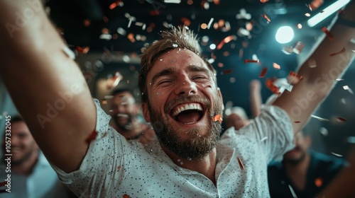 A man with a beard is exultantly celebrating with arms outstretched while surrounded by flying confetti. The festive ambience is filled with vigor and joy.