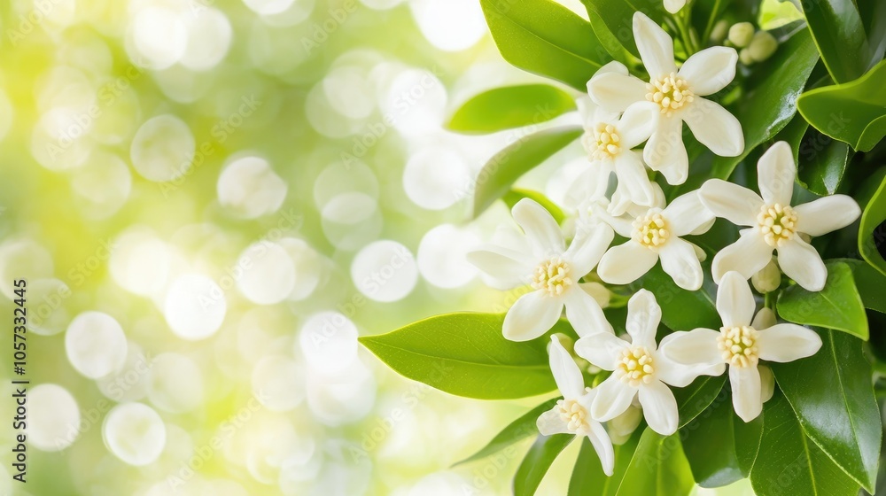Star-shaped white flowers with soft focus, floating gently in a tranquil, blurred background of green foliage. Star-shaped white flowers with soft focus, floating gently in a tranquil, blurred background of green foliage.