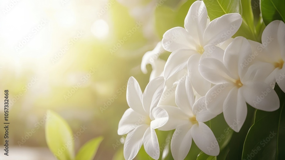 Star-shaped white flowers with soft focus, floating gently in a tranquil, blurred background of green foliage. Star-shaped white flowers with soft focus, floating gently in a tranquil, blurred background of green foliage.
