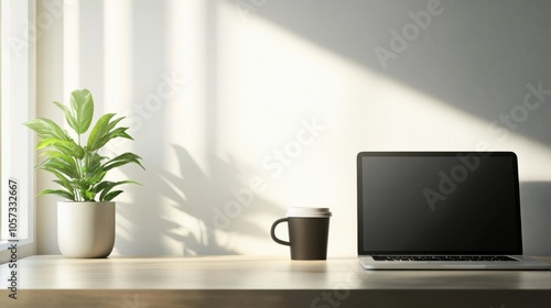 A tidy workspace with a laptop and a cup of coffee on a sleek desk, against a clean,