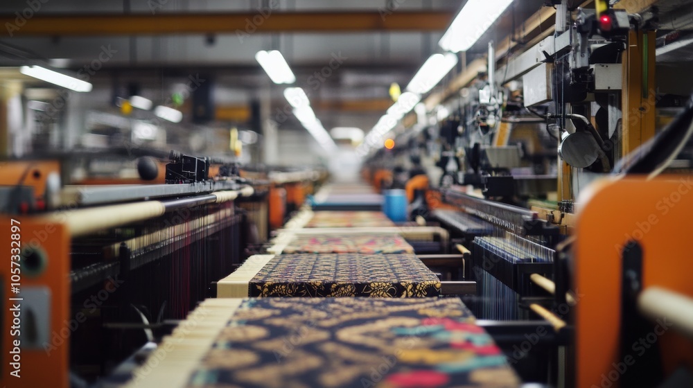 A vibrant textile factory floor filled with automated looms weaving intricate silk designs, A vibrant textile factory floor filled with automated looms weaving intricate silk designs,