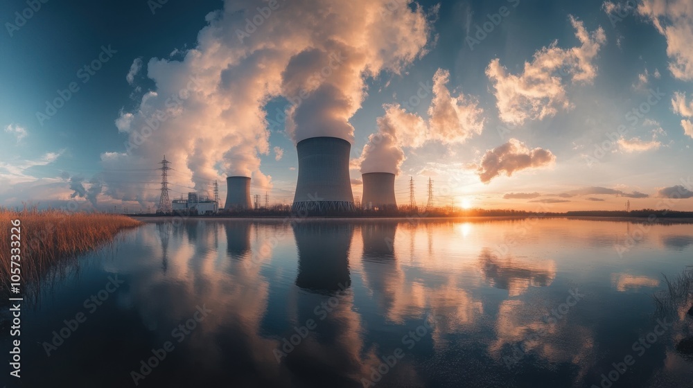 A wide-angle shot of a power plant with its massive cooling towers and energy A wide-angle shot of a power plant with its massive cooling towers and energy