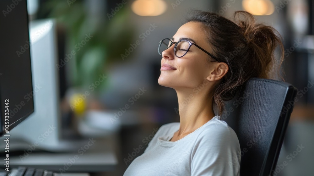 A woman taking a break from her computer, sitting with her eyes closed and head tilted back A woman taking a break from her computer, sitting with her eyes closed and head tilted back