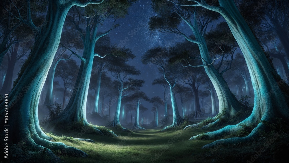 Enchanted forest at night illuminated by glowing trees under a starry ...