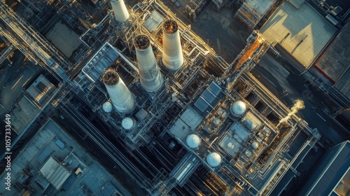 An aerial view of a large power plant with multiple turbines and cooling systems,