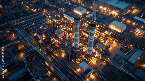 An aerial view of a large power plant with multiple turbines and cooling systems,