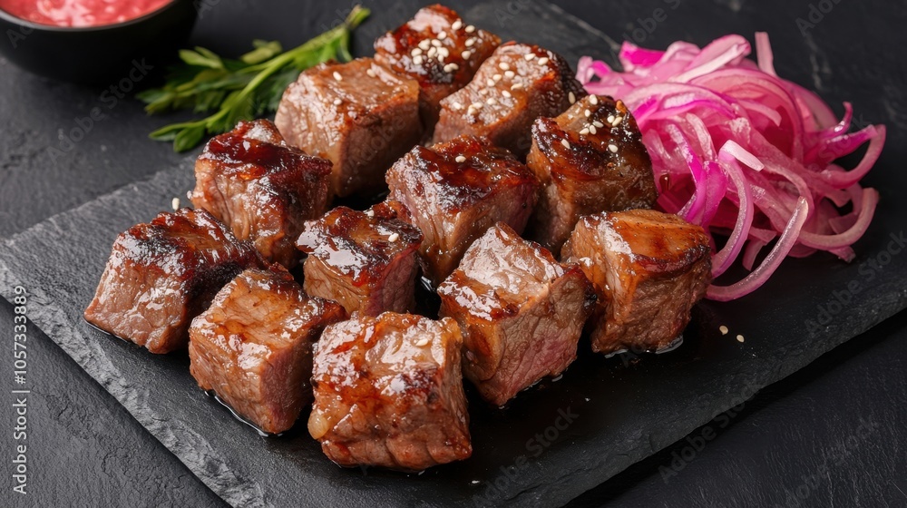 BBQ pork belly burnt ends glazed to perfection, arranged on a dark slate board alongside pickled onions, highlighting the delicious flavors in an enticing display. BBQ pork belly burnt ends glazed to perfection, arranged on a dark slate board alongside pickled onions, highlighting the delicious flavors in an enticing display.