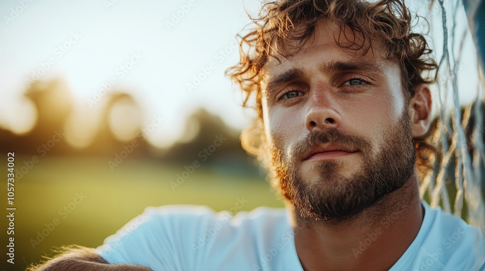 A portrait of a relaxed man, casually leaning on a fence at a sports field during sunset, capturing a serene and thoughtful mood amidst a golden outdoor backdrop. A portrait of a relaxed man, casually leaning on a fence at a sports field during sunset, capturing a serene and thoughtful mood amidst a golden outdoor backdrop.