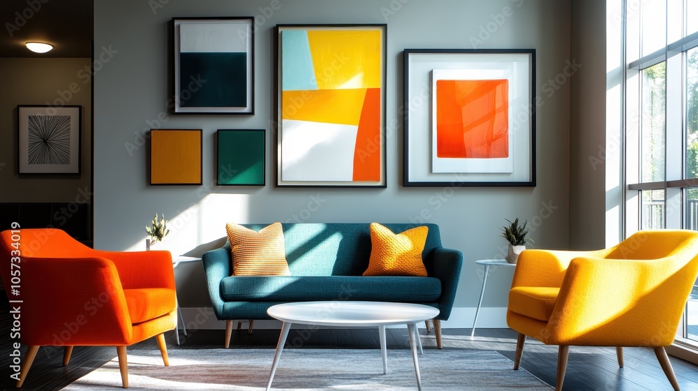 A modern living room featuring vibrant abstract artwork on the walls, combined with colorful furniture, captures a lively and artistic home atmosphere. A modern living room featuring vibrant abstract artwork on the walls, combined with colorful furniture, captures a lively and artistic home atmosphere.