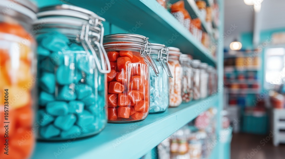 Rows of glass jars filled with colorful candies lined up on blue wooden shelves, offering a variety of sweet treats in a quaint candy shop. Rows of glass jars filled with colorful candies lined up on blue wooden shelves, offering a variety of sweet treats in a quaint candy shop.