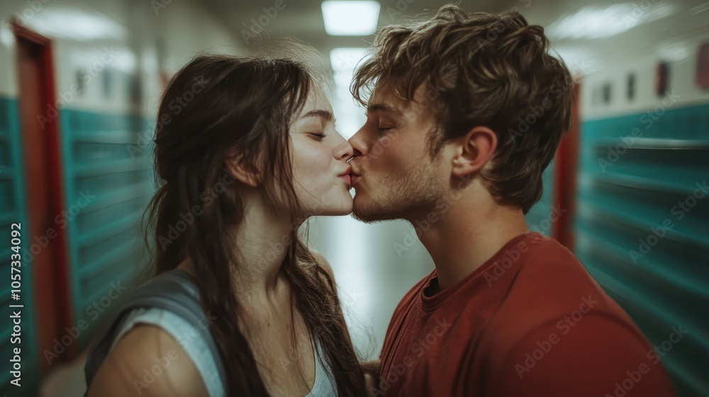 A quiet moment captured as two teenagers share a kiss in a school corridor, embodying youthful affection amidst the backdrop of lockers and school life. A quiet moment captured as two teenagers share a kiss in a school corridor, embodying youthful affection amidst the backdrop of lockers and school life.