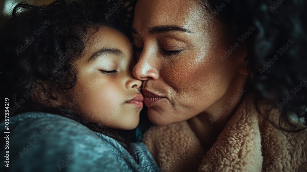 A close-up image of a mother gently kissing her child on the nose, depicting love, warmth, and affection in a cozy and intimate setting, highlighting familial bonds. A close-up image of a mother gently kissing her child on the nose, depicting love, warmth, and affection in a cozy and intimate setting, highlighting familial bonds.