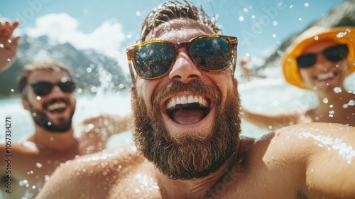 Cheerful scene of three friends in sunglasses laughing and enjoying the sun by the river, capturing the joyful essence of summer and friendship in bright sunlight.