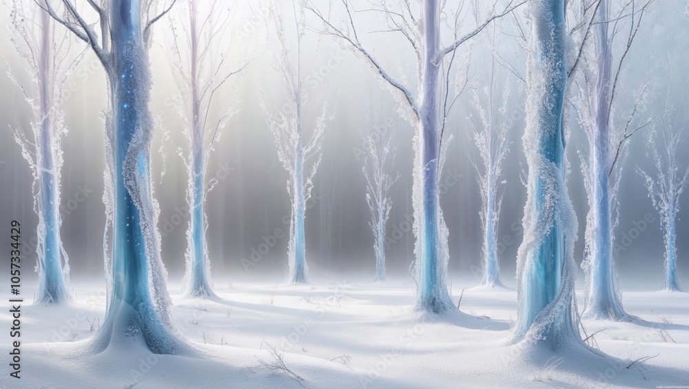 Winter forest landscape featuring frosty trees in a serene setting with soft light filtering through a snowy atmosphere Winter forest landscape featuring frosty trees in a serene setting with soft light filtering through a snowy atmosphere