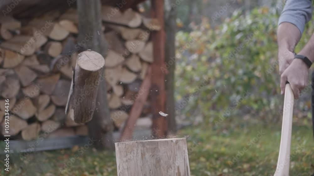 Slow-motion of an axe chopping birch wood, splinters flying from the block. Sun shines in the yard, firewood stacked behind the chopping area. Slow-motion of an axe chopping birch wood, splinters flying from the block. Sun shines in the yard, firewood stacked behind the chopping area.