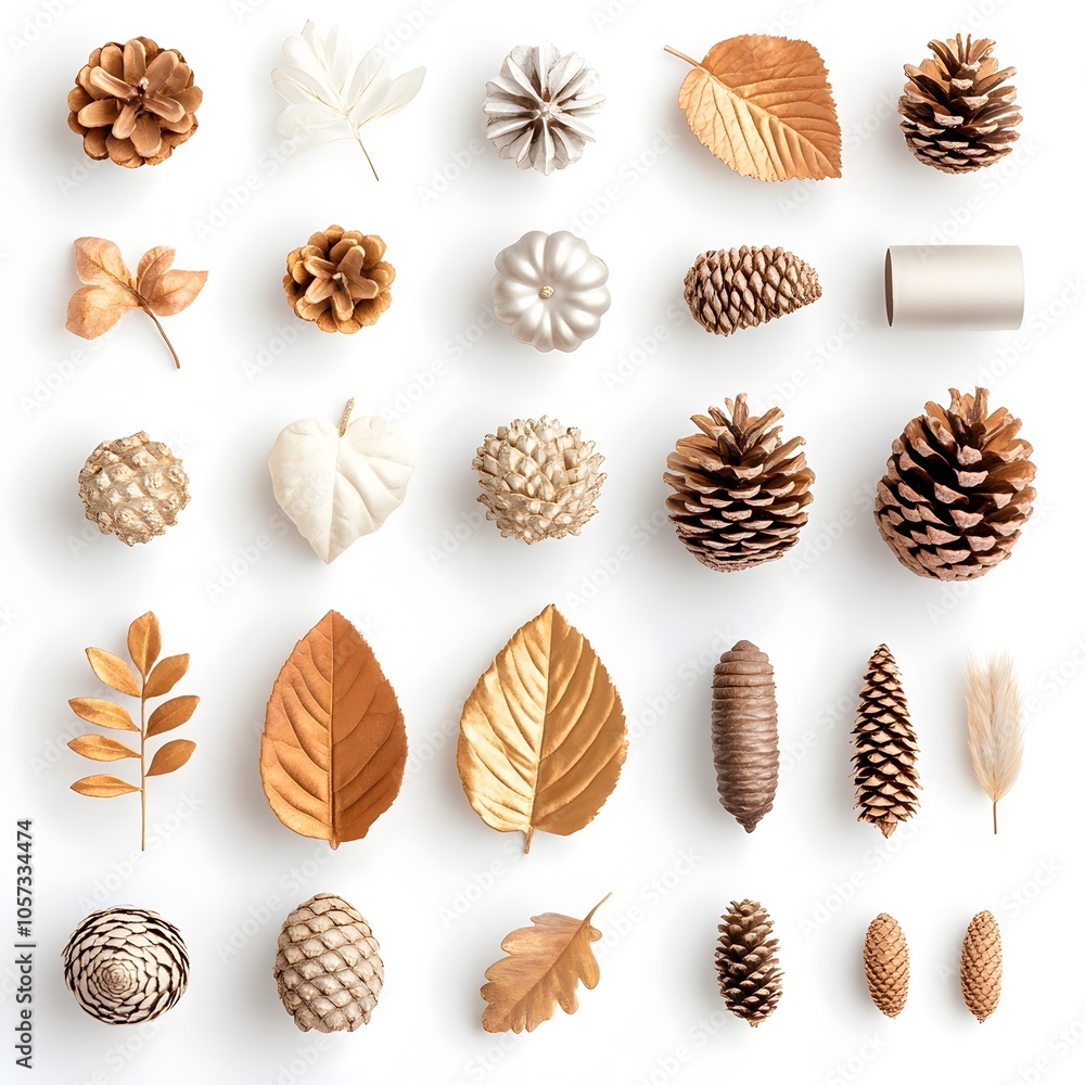Autumn Harvest Macro Still Life of Leaves Acorns Pine Cones and Pumpkins on White Background Autumn Harvest Macro Still Life of Leaves Acorns Pine Cones and Pumpkins on White Background