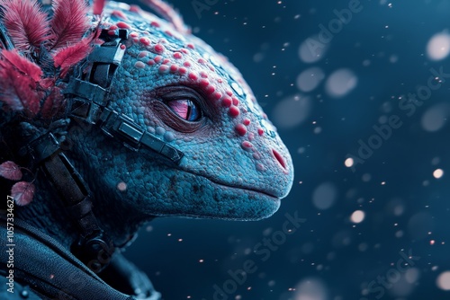 A close-up of a blue-scaled alien lizard wearing intricate mechanical armor in a fantastical, futuristic setting. Snowflakes add a mystical touch to the scene. photo