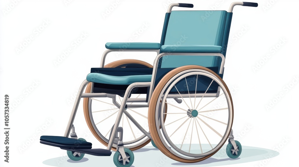 Fototapeta premium Cartoon clipart of patient in wheelchair, flat style, light blue tones, isolated on white, healthcare support concept