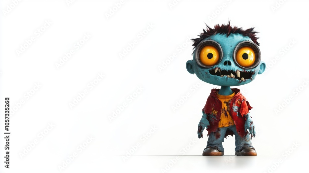 Cartoon zombie boy with big eyes and a playful grin, dressed in ragged clothes, featuring a bright and colorful design, isolated on a clean white background. Cartoon zombie boy with big eyes and a playful grin, dressed in ragged clothes, featuring a bright and colorful design, isolated on a clean white background.