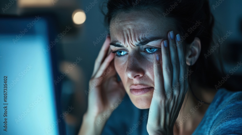Close-up of a woman at her desk, using a computer with a frown of discomfort, and a Close-up of a woman at her desk, using a computer with a frown of discomfort, and a
