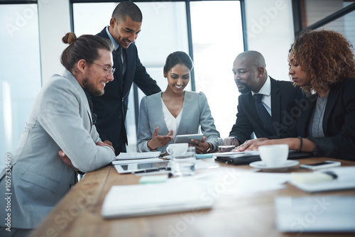 Tablet, meeting and happy business people in office for teamwork, website review and planning. Corporate, professional and workers on digital tech for feedback, online project and collaboration