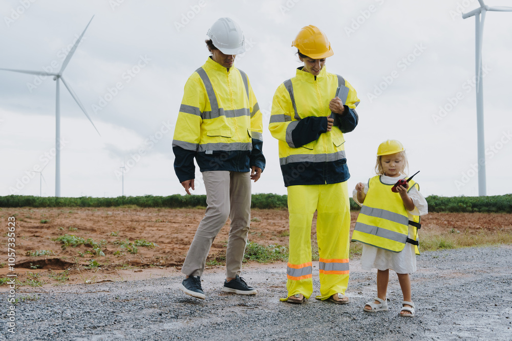 Engineer family in survey set father mother and son inspect and work on wind farm rotating to electricity renewable energy alternative for clean energy concept Engineer family in survey set father mother and son inspect and work on wind farm rotating to electricity renewable energy alternative for clean energy concept