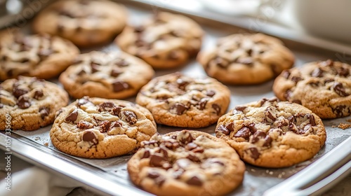 Freshly baked chocolate chip cookies on tray.