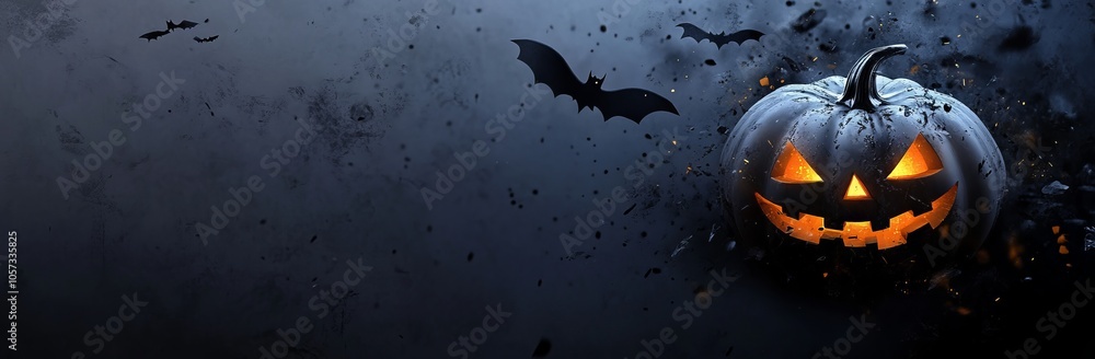 Fototapeta premium Cute Halloween Pumpkin with Glowing Light and Flying Bats Banner Design - AI generated illustration